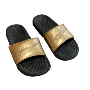 Nike Benassi JDI Slides Women 7 Metallic Gold Black Flip Flops Sandals Just Do I
